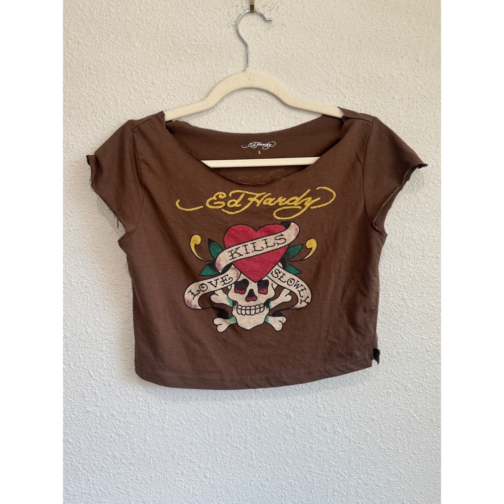 VTG Y2K Ed Hardy Brown Skull Heart Tattoo Crop Top Large Grunge Distressed Goth